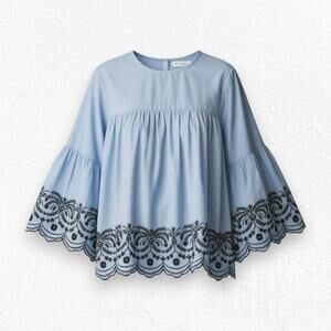 Zara Basic Blue Black Striped Embroidered Bell Sleeve Cotton Top Blouse Size XS